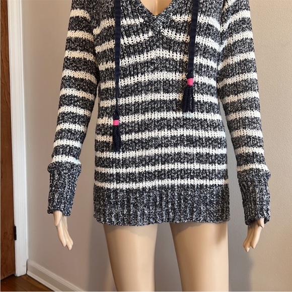 WHITE+WARREN Hooded Blue White Striped Tassel Long Sleeve Knit Sweater Size S - Picture 4 of 11